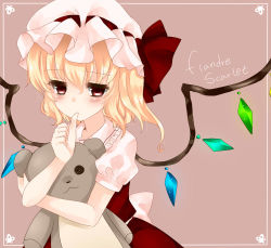 Rule 34 | 1girl, bad id, bad pixiv id, blonde hair, blush, bow, character name, finger to mouth, flandre scarlet, framed, hat, hat bow, hugging doll, hugging object, koyashaka, mob cap, pink background, puffy sleeves, shirt, short sleeves, simple background, skirt, skirt set, solo, stuffed animal, stuffed toy, teddy bear, thumb sucking, touhou, vest, white background, wings