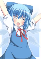 Rule 34 | 1girl, arms up, blue dress, blue hair, blush, bow, cirno, dress, closed eyes, fang, hair bow, ice, ice wings, masiromu, open mouth, puffy sleeves, shirt, short sleeves, smile, solo, touhou, wings