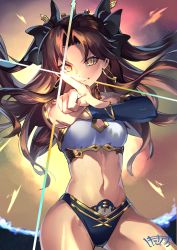 Rule 34 | 1girl, armlet, asymmetrical sleeves, bare shoulders, bikini, black bikini, black bow, black hair, bow, breasts, bridal gauntlets, cleavage, closed mouth, detached collar, earrings, fate/grand order, fate (series), gold trim, hair bow, highleg, highleg bikini, hoop earrings, ishtar (fate), jewelry, light rays, long hair, looking at viewer, medium breasts, mismatched bikini, navel, neck ring, outstretched arm, parted bangs, pointing, shimotsuki shio, single sleeve, smile, solo, sparkle, swimsuit, tiara, two side up, uneven sleeves, white bikini, yellow eyes