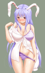 Rule 34 | 1girl, animal ears, blush, bra, breasts, highres, large breasts, long hair, mimofu (fullhighkick), open clothes, open shirt, panties, purple bra, purple hair, purple panties, rabbit ears, red eyes, reisen udongein inaba, shirt, simple background, solo, striped bra, striped clothes, sweat, touhou, unbuttoned, unbuttoned shirt, underwear, undressing, white shirt