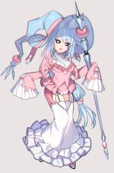 Rule 34 | 1girl, black sclera, blue hair, blue hat, bow, colored sclera, creatures (company), dress, earrings, frilled dress, frills, game freak, garter straps, gen 8 pokemon, grey background, hat, hatterene, holding, holding staff, jewelry, katagiri hachigou, large hat, long hair, multicolored hair, nintendo, open mouth, personification, pink bow, pink hair, pokemon, simple background, sleeves past wrists, smile, solo, staff, thighhighs, white eyes, yellow thighhighs