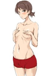 Rule 34 | 1girl, blush, breasts, brown eyes, brown hair, commentary, covering privates, covering breasts, cowboy shot, dosaken, embarrassed, frown, girls und panzer, groin, kawanishi shinobu, looking at viewer, navel, one-hour drawing challenge, parted lips, red shorts, short hair, short ponytail, short shorts, shorts, simple background, small breasts, solo, standing, swept bangs, white background