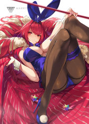 Rule 34 | 1girl, animal ears, ass, bare shoulders, blush, breasts, cleavage, detached collar, fake animal ears, fate/grand order, fate (series), gae bolg (fate), hair between eyes, high heels, highleg, highleg leotard, highres, knees up, large breasts, legs, leotard, long hair, looking at viewer, lying, official alternate costume, ohland, on back, pantyhose, playboy bunny, polearm, purple hair, purple leotard, rabbit ears, red eyes, saint quartz (fate), scathach (fate), scathach (piercing bunny) (fate), spear, thighband pantyhose, thighs, weapon, wrist cuffs