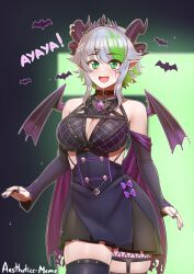 Rule 34 | 1girl, :d, absurdres, aestheticc-meme, apricot the lich, apricot the lich (1st costume), artist name, bat (animal), bat wings, black dress, blush, breasts, cleavage, cleavage cutout, clothing cutout, demon horns, detached sleeves, dress, earrings, fang, green eyes, green hair, highres, horns, jewelry, large breasts, looking at viewer, multicolored hair, nail polish, nose blush, open mouth, pointy ears, ring, short hair, short hair with long locks, sidelocks, skin fang, skull, smile, solo, thighhighs, tiara, virtual youtuber, vshojo, wings