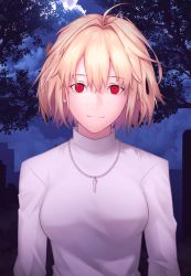Rule 34 | 1girl, antenna hair, arcueid brunestud, blonde hair, closed mouth, cloud, commentary request, dorothy xi, evil smile, hair between eyes, highres, jewelry, looking at viewer, moon, necklace, night, night sky, outdoors, red eyes, short hair, single hair intake, sky, slit pupils, smile, solo, sweater, tree, tsukihime, tsukihime (remake), turtleneck, turtleneck sweater, upper body, white sweater