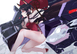 Rule 34 | 1girl, animal ears, bare legs, black cape, black gloves, black hair, braid, breasts, cape, character request, china dress, chinese clothes, dress, final gear, fur-trimmed cape, fur trim, gloves, highres, holding, holding umbrella, legs, long hair, medium breasts, profile, red dress, red footwear, solo, umbrella, vardan, yellow eyes
