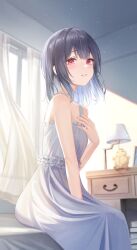 Rule 34 | 1girl, absurdres, bare shoulders, bedroom, blue hair, blurry, blush, breasts, commentary request, curtains, dark blue hair, depth of field, desk lamp, dress, fujizarashi, highres, idolmaster, idolmaster shiny colors, indoors, lamp, looking at viewer, morino rinze, on bed, parted lips, red eyes, revision, sitting, sleeveless, sleeveless dress, small breasts, smile, solo, straight hair, sundress, sunlight, white dress, window