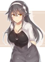 Rule 34 | 10s, 1girl, alternate costume, arms behind back, bad id, bad twitter id, black hair, black shirt, blush, breasts, casual, check commentary, cleavage, collarbone, commentary request, contemporary, grey skirt, hair between eyes, hairband, haruna (kancolle), headgear, jacket, jewelry, kantai collection, large breasts, long hair, long sleeves, pendant, pokoten (pokoten718), shirt, skirt, skirt set, smile, solo, white jacket, yellow eyes