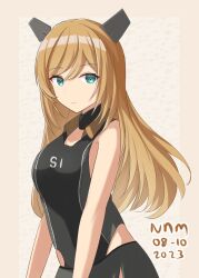 Rule 34 | 1girl, aqua eyes, artist name, black one-piece swimsuit, blonde hair, closed mouth, clothes writing, competition swimsuit, dated, highres, kantai collection, long hair, nnm, one-piece swimsuit, salmon (kancolle), signature, smile, solo, swimsuit, upper body