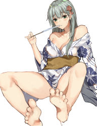 Rule 34 | 1girl, alternate hairstyle, aqua hair, bad id, bad nicoseiga id, barefoot, breasts, brown obi, cleavage, collarbone, convenient leg, flower, green eyes, hair flower, hair ornament, highres, inusaka, japanese clothes, kantai collection, kimono, large breasts, long hair, looking at viewer, open clothes, open kimono, simple background, solo, suggestive fluid, suzuya (kancolle), sweat, toes, white background, white kimono, wide sleeves, yukata