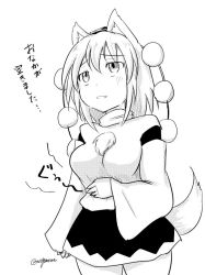 Rule 34 | 1girl, animal ears, breasts, detached sleeves, greyscale, hand on own stomach, hat, inubashiri momiji, large breasts, monochrome, pom pom (clothes), simple background, solo, tail, taurine 8000mg, tokin hat, touhou, translation request, white background, wide sleeves, wolf ears, wolf tail
