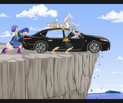 Rule 34 | 4girls, angry, animal ears, arm ribbon, barefoot, black car, black coat, black socks, blonde hair, blue dress, blue hair, blue headwear, blue sky, bound, bow, cape, car, cliff, cloud, coat, commentary, day, dress, fox ears, fox girl, frilled dress, frills, gag, gagged, grand theft auto, grand theft auto v, green dress, green ribbon, grey hair, hairband, hat, hidaruma, himemushi momoyo, iizunamaru megumu, kudamaki tsukasa, large bow, leg ribbon, letterboxed, long hair, lying, medium hair, motor vehicle, mullet, multicolored clothes, multicolored dress, multicolored hairband, multiple girls, on back, onesie, outdoors, pink footwear, pointy ears, pom pom (clothes), purple footwear, pushing, rainbow gradient, restrained, ribbon, romper, rope, shoes, short sleeves, silver hair, sky, sleeveless, sleeveless coat, socks, tenkyuu chimata, tied up (nonsexual), tokin hat, touhou, toyota, toyota camry, vehicle focus, white cape, white ribbon, white romper, white socks, yellow bow, yellow ribbon
