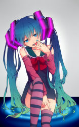 Rule 34 | 1girl, bad id, bad pixiv id, blue eyes, dorui, hatsune miku, highres, long hair, looking at viewer, open mouth, solo, striped clothes, striped thighhighs, thighhighs, twintails, vocaloid