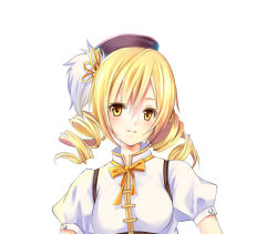 Rule 34 | 10s, 1girl, bad id, bad pixiv id, beret, blonde hair, drill hair, gyaza, hat, magical girl, mahou shoujo madoka magica, mahou shoujo madoka magica (anime), simple background, solo, tomoe mami, twin drills, white background, yellow eyes