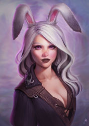 Rule 34 | 1girl, animal ears, warrior of light (ff14), breasts, cleavage, commission, final fantasy, final fantasy xiv, highres, june jenssen, lips, long hair, looking at viewer, medium breasts, mole, mole under eye, multicolored hair, purple eyes, rabbit ears, solo, two-tone hair, upper body, viera, white hair