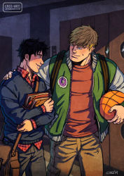 Rule 34 | 2boys, backpack, bag, ball, black hair, black pants, black shirt, blonde hair, book, brown pants, closed mouth, couple, cris art, earrings, green jacket, hand on another&#039;s shoulder, holding, holding ball, holding book, hulkling, jacket, jewelry, looking at another, male focus, marvel, multicolored clothes, multicolored jacket, multiple boys, open clothes, open jacket, pants, red shirt, shirt, short hair, shoulder bag, sideburns, smile, two-tone jacket, white jacket, wiccan, yaoi