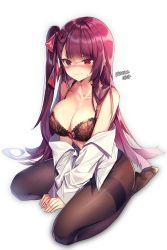 Rule 34 | 1girl, artist name, bare shoulders, between legs, black bra, blush, bra, breasts, brown pantyhose, cleavage, closed mouth, collarbone, commentary request, dress shirt, full body, girls&#039; frontline, hair ribbon, highres, korean commentary, lace, lace-trimmed bra, lace trim, large breasts, lingerie, long hair, long sleeves, looking at viewer, maett, no pants, no shoes, off shoulder, one side up, pantyhose, purple hair, red eyes, red ribbon, ribbon, seiza, shirt, sidelocks, simple background, sitting, smile, solo, sweat, thighband pantyhose, underwear, v-shaped eyebrows, very long hair, wa2000 (girls&#039; frontline), white background, white shirt