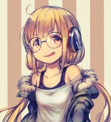 Rule 34 | 10s, 1girl, bare shoulders, bazooka oiran, bespectacled, blonde hair, brown eyes, cosplay, futaba anzu, glasses, headphones, idolmaster, idolmaster cinderella girls, jacket, long hair, looking at viewer, looking away, low twintails, name connection, persona, persona 5, sakura futaba, sakura futaba (cosplay), signature, sketch, smile, solo, striped, striped background, tank top, twintails