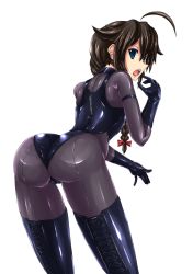 Rule 34 | 10s, 1girl, ahoge, ass, bent over, blue eyes, bodysuit, boots, bow, braid, brown hair, female focus, from behind, gloves, hair bow, kantai collection, latex, latex gloves, latex suit, long hair, looking back, open mouth, personification, shigure (kancolle), shiny clothes, solo, thigh boots, thighhighs, tomahawk (pixiv), tongue, transparent background
