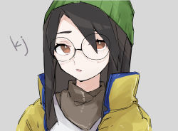 Rule 34 | 1girl, animification, beanie, black hair, brown eyes, brown hair, brown scarf, eyebrows hidden by hair, grey background, hat, highres, jacket, killjoy (valorant), looking to the side, open mouth, portrait, rou (rou 9203), round eyewear, scarf, sketch, solo, valorant, yellow jacket