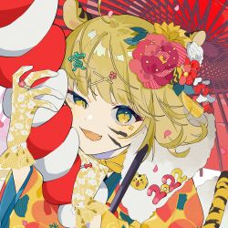 Rule 34 | 1girl, 2022, absurdres, ahoge, animal collar, animal ears, blonde hair, chinese zodiac, collar, commentary, eye glitter, facial mark, fang, flower, fur scarf, gloves, hair flower, hair ornament, hairclip, half-closed eye, highres, holding, holding umbrella, japanese clothes, kimono, long sleeves, looking at viewer, new year, omutatsu, open mouth, original, personification, print kimono, rope, shimenawa, short hair, skin fang, slit pupils, smile, solo, tail, tiger ears, tiger girl, tiger tail, umbrella, year of the tiger, yellow collar, yellow eyes, yellow gloves, yellow kimono