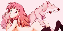 Rule 34 | 1girl, breasts, dog, female focus, implied bestiality, nude, simple background, solo, souko souji, tagme