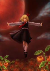 Rule 34 | 1girl, blonde hair, chinese lantern (plant), embodiment of scarlet devil, female focus, floating, full moon, hair ribbon, kannazuki (devilcode666), moon, necktie, night, outstretched arms, red eyes, red moon, red necktie, red sky, ribbon, rumia, short hair, sky, solo, spread arms, touhou