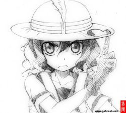 Rule 34 | &gt;:(, 10s, 1girl, arm up, artist name, backpack, bag, bucket hat, closed mouth, collarbone, commentary request, determined, feathers, frown, gloves, gofu, greyscale, gunxsword, hair between eyes, hand up, hat, hat feather, hole, index finger raised, kaban (kemono friends), kemono friends, looking at viewer, monochrome, parody, serious, shirt, short hair, short sleeves, signature, simple background, sketch, solo, traditional media, upper body, v-shaped eyebrows, watermark, wavy hair, web address, white background