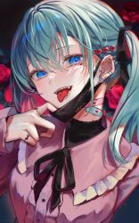 Rule 34 | alternate costume, aqua hair, bandaid, blue eyes, ear piercing, earrings, fangs, grabbing mask, hatsune miku, heart (symbol), highres, jewelry, mask, piercing, ring, samo cha, smile, tongue, tongue out, tongue piercing, twintails, vampire (vocaloid), vocaloid