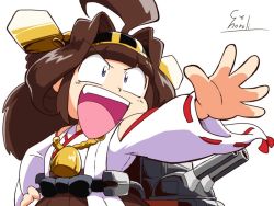 Rule 34 | 1990s (style), 1girl, ahoge, brown hair, cannon, chibi, choroli (chorolin), detached sleeves, double bun, hair bun, hairband, hand on own hip, headgear, japanese clothes, kantai collection, kongou (kancolle), long hair, machinery, open mouth, outstretched hand, parody, retro artstyle, ribbon-trimmed sleeves, ribbon trim, signature, simple background, solo, style parody, white background