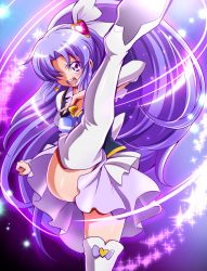Rule 34 | 10s, 1girl, absurdres, bad id, bad pixiv id, boots, brooch, cure fortune, earrings, hair ornament, hair ribbon, happinesscharge precure!, heart, heart hair ornament, highres, hikawa iona, jewelry, kicking, long hair, magical girl, open mouth, precure, purple background, purple eyes, purple hair, purple skirt, purple theme, ribbon, serious, sharumon, shiny skin, skirt, solo, sparkle, star (symbol), star earrings, thigh boots, thighhighs, white footwear, white thighhighs, wide ponytail