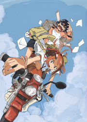 Rule 34 | 1boy, 1girl, antenna hair, bag, bag charm, bandana, black hair, boots, box, bracelet, brown eyes, charm (object), cloud, commentary request, day, foreshortening, from below, highres, jewelry, mail, motor vehicle, motorcycle, multiple riders, nagaoka taichi, open mouth, original, paper, red hair, riding, school bag, short sleeves, simple background, sketch, sky, sleeves rolled up, sunglasses, vehicle