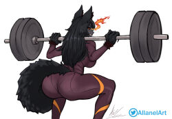 Rule 34 | allanel, animal ear fluff, animal ears, animal hands, ass, ass focus, black hair, black sclera, blush, bodysuit, breasts, colored sclera, dog ears, dog tail, exercising, fire, flaming eyes, grin, hellhound (monster girl encyclopedia), highres, large breasts, long hair, looking at viewer, looking back, monster girl, monster girl encyclopedia, monster girl encyclopedia ii, muscular, muscular arms, muscular female, muscular legs, open mouth, red eyes, simple background, skin tight, slit pupils, smile, squatting, tail, teeth, thick thighs, thighs, weightlifting, weights, white background, wolf ears, wolf tail