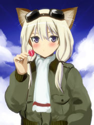 Rule 34 | 1girl, animal ears, blonde hair, blue sky, blush, bomber jacket, candy, carla j. luksic, cat ears, cloud, flight goggles, food, goggles, goggles on head, jacket, kyogoku shin, lollipop, long hair, looking at viewer, low twintails, noble witches, portrait, purple eyes, scarf, sky, solo, strike witches, twintails, world witches series
