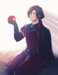 Rule 34 | 1boy, apple, armor, belt, black belt, black cape, black gloves, black hair, black pants, brick floor, brown eyes, cape, collared cape, constantine xi (fate), curtained hair, dripping, earrings, expressionless, fate/grand order, fate (series), feet out of frame, food, food bite, fruit, gloves, hair between eyes, highres, holding, holding food, holding fruit, jewelry, light rays, looking at viewer, lv1na ura, male focus, pants, parted lips, red armor, red belt, red tunic, short hair, shoulder belt, side cape, sitting, solo, tunic