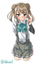 Rule 34 | 1girl, arm behind back, arm warmers, black eyes, black skirt, blue bow, blue bowtie, blush, bow, bowtie, brown hair, collared shirt, cowboy shot, cropped legs, double bun, ebifurya, hair bun, hand up, highres, holding, holding own hair, kantai collection, looking at viewer, michishio (kancolle), open mouth, pleated skirt, shirt, short sleeves, sidelocks, simple background, skirt, solo, suspender skirt, suspenders, tsurime, twintails, twitter username, white background, white shirt