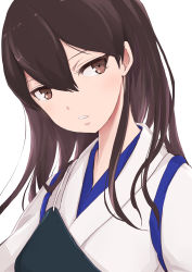 Rule 34 | 1girl, boushi-ya, brown eyes, brown hair, hair between eyes, hair down, highres, japanese clothes, kaga (kancolle), kaga kai ni (kancolle), kantai collection, long hair, long sleeves, muneate, parted lips, simple background, solo, tasuki, upper body, white background