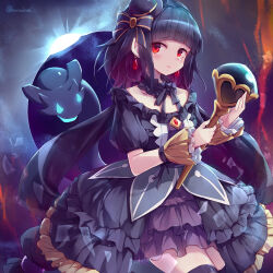 Rule 34 | 1girl, absurdres, black bow, black dress, blue eyes, blunt bangs, bow, dragon, dress, duel monster, earrings, eclipse, frilled cuffs, frilled dress, frills, glowing, glowing eyes, hair bow, hat, highres, holding, holding wand, jewelry, kanzakietc, long hair, mini hat, moon of the closed sky, open mouth, puffy short sleeves, puffy sleeves, red eyes, short sleeves, thighhighs, twitter username, wand, wrist cuffs, yu-gi-oh!