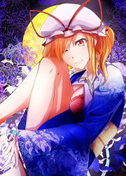 Rule 34 | 1girl, absurdres, alternate costume, alternate eye color, alternate hair length, alternate hairstyle, bad anatomy, bad leg, barefoot, blonde hair, blue kimono, bow, bra, breasts, chrysanthemum print, cleavage, floral background, floral print, flower, full moon, hair bow, hat, hat ribbon, highres, japanese clothes, kimono, knees to chest, legs, legs up, looking at viewer, looking to the side, mob cap, moon, nanamin (yakumo226), obi, one eye closed, open clothes, open kimono, poorly drawn, red bra, red eyes, ribbon, sash, shiny skin, short hair, side ponytail, sidelocks, smile, solo, spider lily, spider lily print, thighs, touhou, underwear, wide sleeves, yakumo yukari, yukata