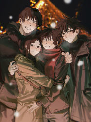 Rule 34 | 2boys, 2girls, bag, black coat, black hair, blurry, blush, brown eyes, brown hair, brown pants, christmas, closed eyes, closed mouth, coat, commentary request, eyelashes, facing viewer, family, father and son, fur trim, fushiguro megumi, fushiguro touji, fushiguro tsumiki, green eyes, grin, hair between eyes, hands in pockets, happy, highres, hug, jujutsu kaisen, k00s, long hair, long sleeves, looking at viewer, megumi&#039;s mother (jujutsu kaisen), mother and son, multiple boys, multiple girls, open clothes, open coat, outdoors, pants, ponytail, red scarf, scar, scar on face, scar on mouth, scarf, short hair, sidelocks, smile, spiked hair, standing, step-siblings, sweater, teeth, winter clothes, winter coat