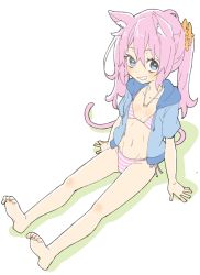 Rule 34 | 1girl, :d, absurdres, bad id, bad twitter id, bare legs, barefoot, bikini, blue eyes, blue jacket, copyright request, donguri suzume, flat chest, hair between eyes, highres, hood, hooded jacket, jacket, jewelry, navel, necklace, open clothes, open jacket, open mouth, pink bikini, pink hair, simple background, sitting, smile, solo, striped bikini, striped clothes, swimsuit, twintails, white background