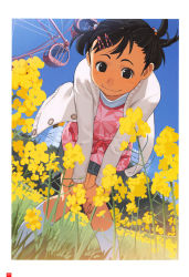 Rule 34 | 1girl, bent over, black eyes, black hair, ferris wheel, field, flower, flower field, hair ornament, hairclip, hands on own knees, highres, original, rapeseed blossoms, short hair, short twintails, smile, solo, takamichi, twintails