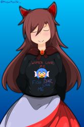 Rule 34 | 1girl, animal ears, black shirt, blue background, blue hair, brooch, brown hair, closed mouth, commentary, cowboy shot, emoji, english commentary, hair between eyes, highres, imaizumi kagerou, implied yuri, jewelry, long hair, long sleeves, megamoo, meme, shirt, signature, simple background, skirt, smile, solo, touhou, wakasagihime, white skirt, wolf ears, women fear me fish fear me (hat)