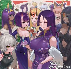 Rule 34 | 6+girls, absurdres, ahoge, alternate costume, animal ears, artoria pendragon (all), artoria pendragon (fate), ass, back, bare shoulders, black dress, black hair, blonde hair, blue bow, blue dress, blue kimono, blush, bob cut, bow, braid, breasts, cake, china dress, chinese clothes, choker, christmas, christmas cake, christmas ornaments, christmas tree, circlet, cleavage, closed mouth, clothing cutout, confetti, cup, dark-skinned female, dark skin, detached collar, detached sleeves, dress, drinking glass, earrings, eyeliner, facial mark, facial scar, fate/apocrypha, fate/extra, fate/grand order, fate/stay night, fate (series), feather boa, food, forehead jewel, forehead mark, fox ears, fox girl, gloves, green eyes, hair bow, hair pulled back, heroic spirit traveling outfit, highres, hood (james x), horns, huge filesize, ibaraki douji (fate), jack the ripper (fate/apocrypha), jackal ears, japanese clothes, jeanne d&#039;arc (fate), jeanne d&#039;arc alter (avenger) (fate), jeanne d&#039;arc alter (fate), jewelry, kimono, large breasts, licking lips, long hair, looking at viewer, looking back, low-tied long hair, makeup, medium breasts, merry christmas, minamoto no raikou (fate), minamoto no raikou (traveling outfit) (fate), multiple girls, navel, navel cutout, necklace, nitocris (fate), oni, open mouth, parted bangs, party, pink hair, ponytail, purple dress, purple eyes, purple gloves, purple hair, red eyes, saber (fate), scar, scar on cheek, scar on face, scheherazade (fate), short eyebrows, short hair, shoulder tattoo, shuten douji (fate), side ponytail, sidelocks, silver hair, skin-covered horns, small breasts, smile, tamamo (fate), tamamo no mae (fate/extra), tattoo, tomoe gozen (fate), tongue, tongue out, usekh collar, ushiwakamaru (fate), very long hair, white dress, yellow eyes