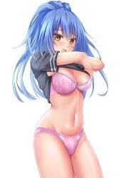 Rule 34 | 1girl, absurdres, black shirt, blue hair, blush, bra, breasts, clothes lift, cowboy shot, faltnep tsukasa, frown, highres, lace, lace-trimmed bra, lace-trimmed panties, lace trim, lifting own clothes, long hair, looking at viewer, medium breasts, navel, no pants, open mouth, original, panties, ponytail, purple bra, purple panties, shirt, shirt lift, short sleeves, simple background, solo, standing, underwear, undressing, white background, yellow eyes