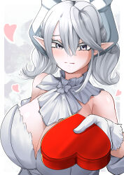 Rule 34 | 1girl, absurdres, blush, box, box of chocolates, breasts, cotan (actancyaga), duel monster, grey eyes, heart, heart-shaped box, highres, holding, holding box, horns, huge breasts, looking at viewer, lovely labrynth of the silver castle, pointy ears, solo, valentine, yu-gi-oh!