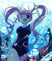 Rule 34 | 1girl, bad id, bad pixiv id, blue one-piece swimsuit, bow, bubble, fish, long hair, looking at viewer, natsukawa sarasa, ocean, one-piece swimsuit, open mouth, original, pink hair, red eyes, school swimsuit, smile, solo, submerged, swimming, swimsuit, twintails, underwater