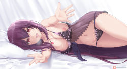 Rule 34 | 1girl, :d, bed, bedroom, breasts, breasts out, cleavage, fate/grand order, fate (series), joko jmc, large breasts, lingerie, long hair, looking at viewer, negligee, nipples, open mouth, panties, pillow, purple hair, reaching, reaching towards viewer, red eyes, scathach (fate), see-through, smile, underwear