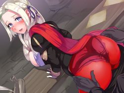 Rule 34 | 1boy, 1girl, ass, ass grab, backboob, bent over, blush, boris (noborhys), breasts, bulge, byleth (fire emblem), byleth (male) (fire emblem), edelgard von hresvelg, erection, erection under clothes, fire emblem, fire emblem: three houses, from above, grabbing, groping, hair ornament, hair ribbon, hetero, highres, long hair, long sleeves, looking at viewer, looking back, nintendo, open mouth, panties, purple eyes, ribbon, see-through, silver hair, sweat, underwear, white panties