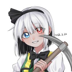 Rule 34 | 1girl, akaakaakaakashio, black bow, black bowtie, black hairband, black ribbon, blue eyes, bob cut, bow, bowtie, collared shirt, commentary request, cookie (touhou), dated, eyes visible through hair, fingernails, green vest, grin, hair between eyes, hair over eyes, hair ribbon, hairband, heterochromia, high-visibility vest, holding, holding pickaxe, konpaku youmu, looking at viewer, pickaxe, red eyes, ribbon, shirt, short hair, simple background, smile, solo, touhou, two-tone vest, upper body, vest, white background, white hair, white shirt, yellow vest, zerukalo (cookie)